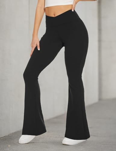 Black Flare Leggings for Women, Crossover Yoga Pants with Pockets Bootcut Flared Leggings
