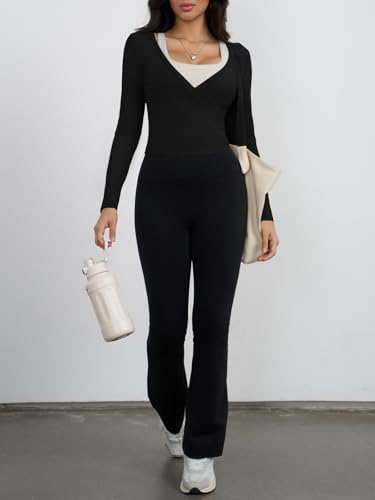 Womens Wrap Tie Tops Y2k Long Sleeve Ballet Pilates Yoga Workout Wrap Shirts Deep V Neck Casual Tops