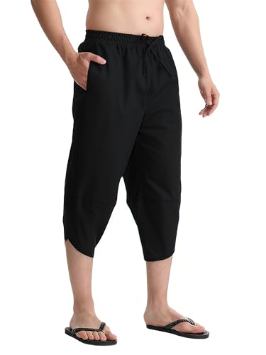 31AkTem3s1L.jpg Men's Linen Yoga Pants Casual Beach Loose 3/4 Harem Trousers Summer Elastic Drawstring Capri Pants