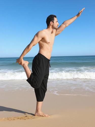 31CGYBRmMxL.jpg Men's Linen Yoga Pants Casual Beach Loose 3/4 Harem Trousers Summer Elastic Drawstring Capri Pants