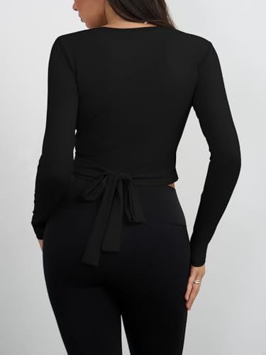 Womens Wrap Tie Tops Y2k Long Sleeve Ballet Pilates Yoga Workout Wrap Shirts Deep V Neck Casual Tops