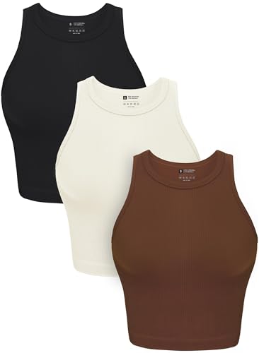 31CyR4IN-BL.jpg Womens 3 Pack Crop Tank Tops Basic Seamless Ribbed Round High Neck Racerback Workout Top Summer Causal Yoga Gym Shirts