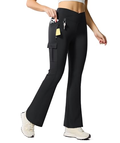 Flare Leggings for Women Yoga Crossover High Waist Pants with Tummy Control Workout Cargo with 5 Pockets Bootcut Leggings