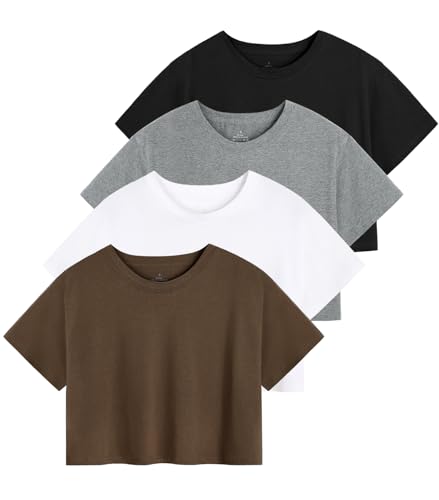 31HzJSiOGaL.jpg 4-Pack Women's Cotton Crop T-Shirts Short Sleeve Solid Cropped Athletic Top Round Neck Casual Workout Yoga Tees