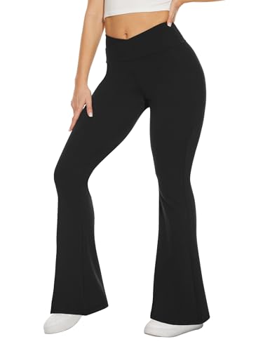 Black Flare Leggings for Women, Crossover Yoga Pants with Pockets Bootcut Flared Leggings