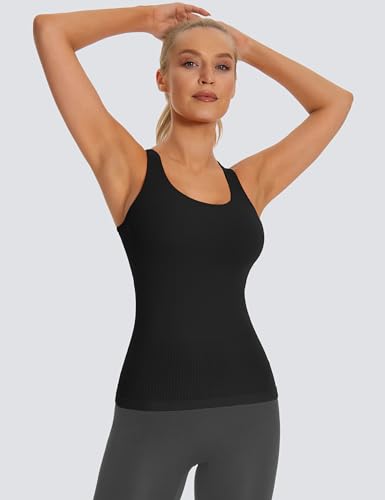 Seamless Workout Tank Top for Women with Built in Bra, Padded Racerback Athletic Yoga Camisole