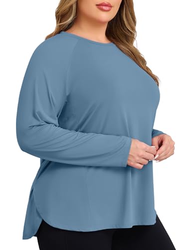 Plus Size Workout Tops for Women Long Sleeve Athletic Shirts Breathable Running Yoga Gym Clothes with Side Slits