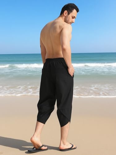 31LdOUxA6gL.jpg Men's Linen Yoga Pants Casual Beach Loose 3/4 Harem Trousers Summer Elastic Drawstring Capri Pants