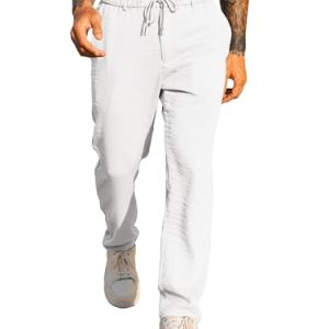 Men's Casual Drawstring Pants Elastic Waist Lightweight Pant Summer Beach Trouser with Pockets