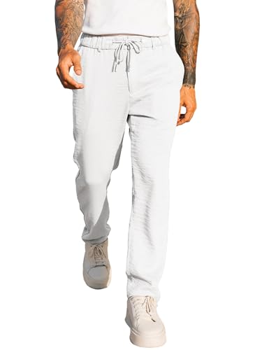 Men's Casual Drawstring Pants Elastic Waist Lightweight Pant Summer Beach Trouser with Pockets