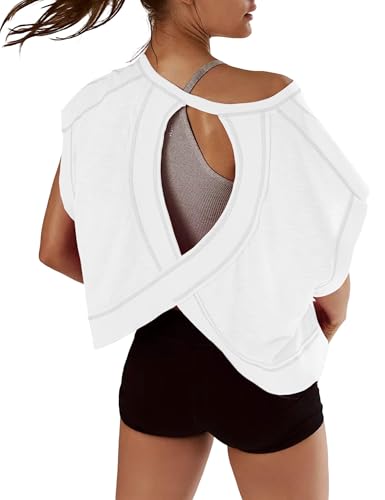 Women's Open Back Workout Top - Short Sleeve Yoga Crop Shirt, Loose Yoga Gym Crop Top