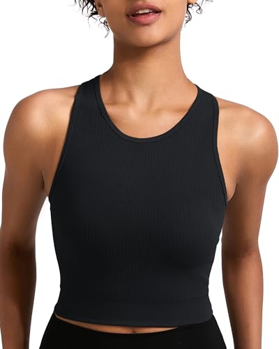 Sports Bras for Women High Impact Seamless Ribbed Longline High Neck Workout Crop Tank Tops Padded