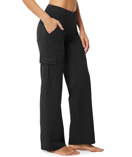 Yoga Pants with Pockets for Women Wide Leg Cargo Pants High Waist Crossover Stretch Work Travel Casual Sweatpants