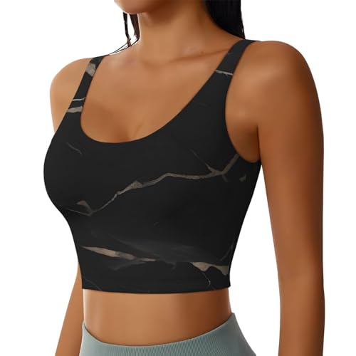 Women's low collar Sports Bra Elastic Sports Vest Yoga Tank Top Tops Shirts Black textured marble Pattern