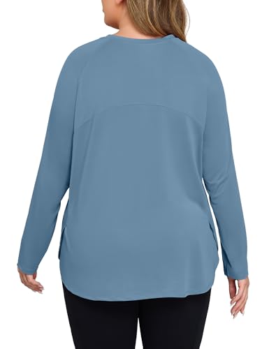 Plus Size Workout Tops for Women Long Sleeve Athletic Shirts Breathable Running Yoga Gym Clothes with Side Slits