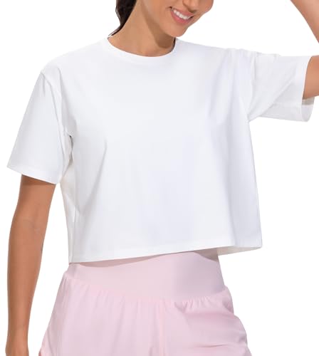 Workout Crop Tops for Women Short Sleeve Shirts Loose Fit Yoga Athletic Basic Cropped T-Shirts