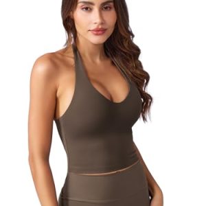 Women's Halter Crop Top V Neck Workout Going Out Tank Top Hazel Padded Sleeveless Backless Trendy Summer Camisole