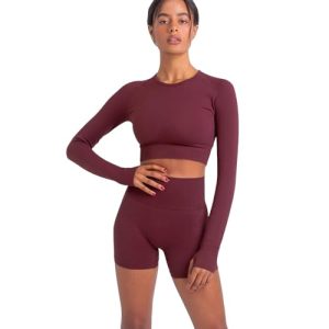 Women Yoga 2 Pieces Workout Long Sleeve Crop Top Sports Bra + Running Shorts Sets Athletic Fitness Gym Tracksuit