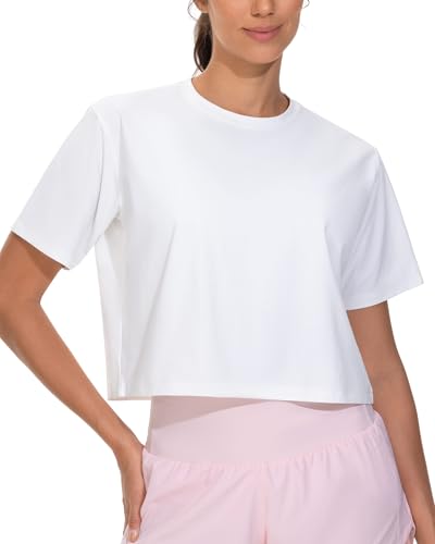 Workout Crop Tops for Women Short Sleeve Shirts Loose Fit Yoga Athletic Basic Cropped T-Shirts