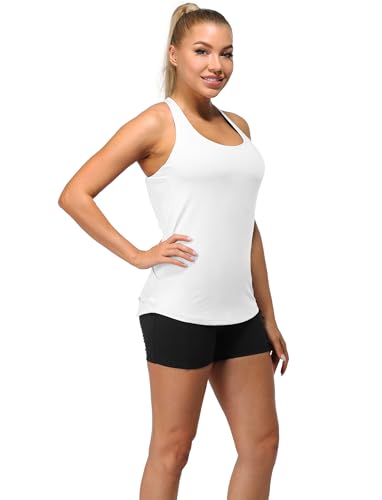 Built in Bra Workout Tank Tops for Women - Open Back Strappy Athletic Yoga Tops Exercise Running Gym Shirts