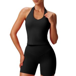 Women's Sleeveless Hailey Halter Tank Tops Workout Athletics Gym Yoga Curve Longline Crop Top