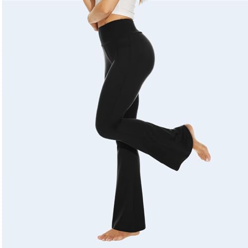 Flare Leggings for Women with Pockets - Crossover High Waisted Black Flared Leggings for Yoga Gym Workout