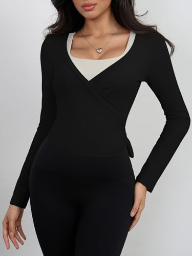 Womens Wrap Tie Tops Y2k Long Sleeve Ballet Pilates Yoga Workout Wrap Shirts Deep V Neck Casual Tops