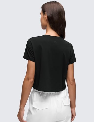 Women's Pima Cotton Workout Short Sleeve Shirts Loose Athletic Crop Tops Gym Casual Cropped T-Shirt