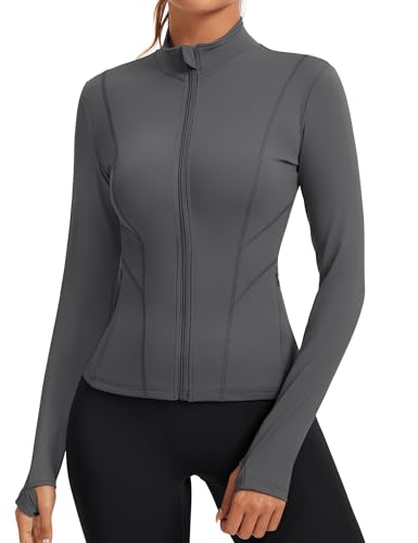 Women's Slim Fit Workout Jackets Full Zip Long Sleeve Running Athletic Tops Yoga Shirts with Thumb Holes