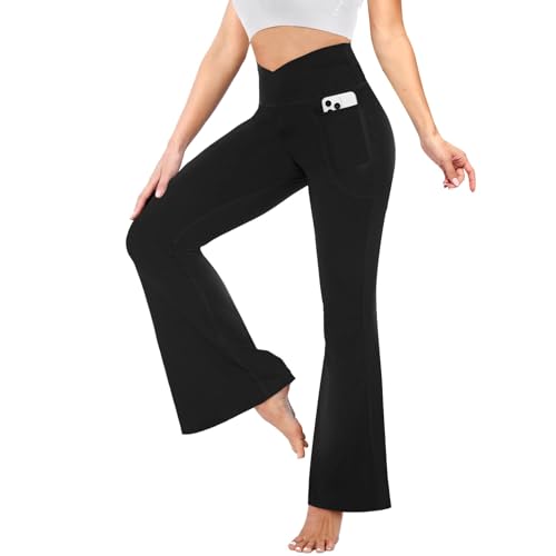 Flare Leggings for Women with Pockets - Crossover High Waisted Black Flared Leggings for Yoga Gym Workout