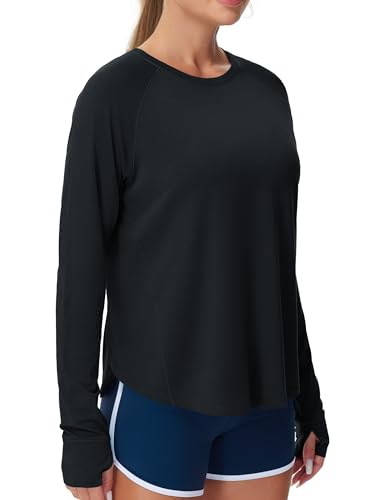 31y5Q1P3QVL.jpg Women's Long Sleeve Workout Shirts Side Slits Athletic Yoga Tee Tops with Thumb Hole