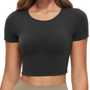 Womens Butterluxe Double Lined Short Sleeve Crop Tops Crew Neck Casual Workout T-Shirt Cute Basic Tee