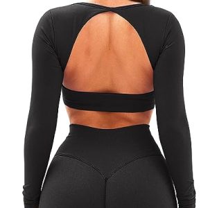 Backless Workout Tops for Women Long Sleeve Gym Shirts Open Back Crop Top Cute Going Out Tops Yoga Athletic Tops