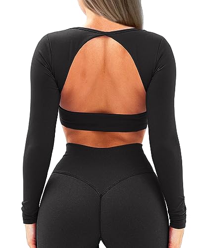 Backless Workout Tops for Women Long Sleeve Gym Shirts Open Back Crop Top Cute Going Out Tops Yoga Athletic Tops