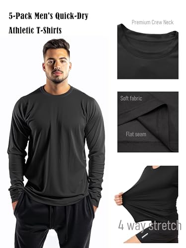 5 Pack Mens Long Sleeve Quick Dry Active Athletic T Shirt Running Gym Workout Tee Tops