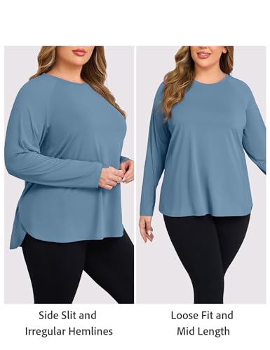 Plus Size Workout Tops for Women Long Sleeve Athletic Shirts Breathable Running Yoga Gym Clothes with Side Slits