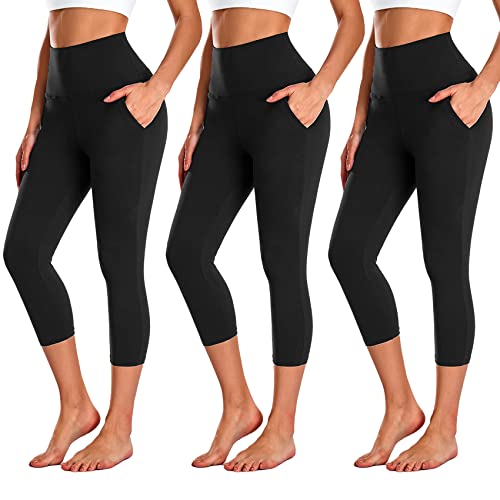 3 Pack Capri Leggings for Women with Pockets-High Waisted Tummy Control Workout Gym Yoga Pants