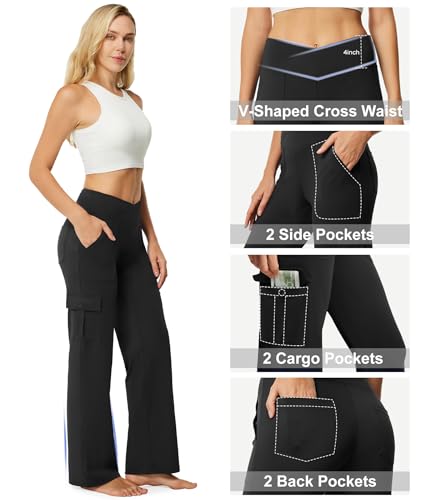 Yoga Pants with Pockets for Women Wide Leg Cargo Pants High Waist Crossover Stretch Work Travel Casual Sweatpants