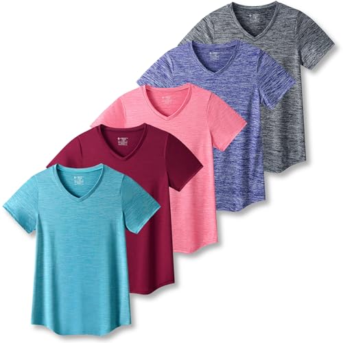 5 Pack: Women's Dry Fit Short Sleeve T Shirts, Athletic Workout Tee Tops for Gym Yoga Running