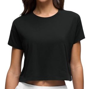 Women's Pima Cotton Workout Short Sleeve Shirts Loose Athletic Crop Tops Gym Casual Cropped T-Shirt