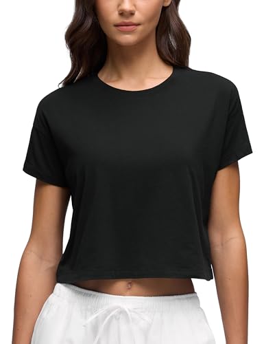 Women's Pima Cotton Workout Short Sleeve Shirts Loose Athletic Crop Tops Gym Casual Cropped T-Shirt