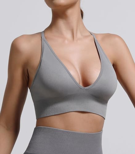 V Neck Adjustable Spaghetti Straps Sports Bra for Women, Padded Criss Cross Back Longline Yoga Bra Workout Crop Top Multipack