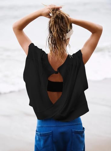 Women Short Sleeve Workout Shirts Open Back Tops Casual Yoga Y2k Athletic Gym Slouchy Crop Running Tees