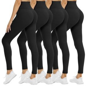 4 Pack Leggings for Women - High Waisted Tummy Control Soft Black Capri Yoga Pants with Pockets for Workout