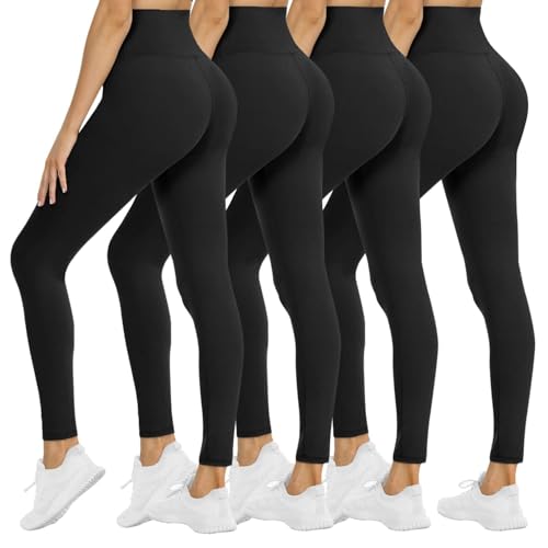 4 Pack Leggings for Women - High Waisted Tummy Control Soft Black Capri Yoga Pants with Pockets for Workout