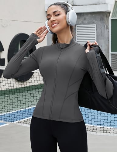 Women's Slim Fit Workout Jackets Full Zip Long Sleeve Running Athletic Tops Yoga Shirts with Thumb Holes