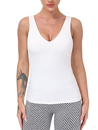 Workout Tops for Women Yoga Tank Tops with Built in Bra Wirefree Padded Yoga Bras Gym Running Athletic Shirt V-Neck Camisole