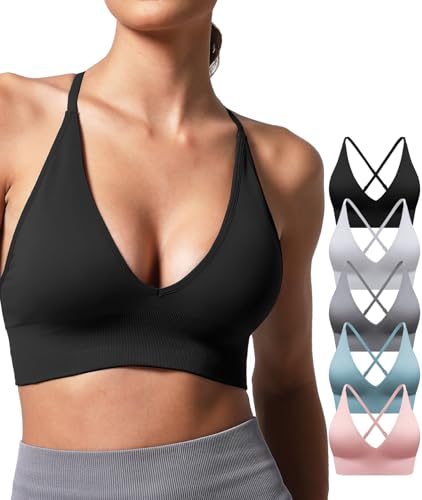 V Neck Adjustable Spaghetti Straps Sports Bra for Women, Padded Criss Cross Back Longline Yoga Bra Workout Crop Top Multipack