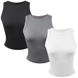 3 Pack Stretch Tank Tops for Women, Ribbed Crew Neck Womens Workout Yoga Tops (Available in Plus)