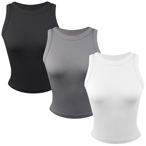 3 Pack Stretch Tank Tops for Women, Ribbed Crew Neck Womens Workout Yoga Tops (Available in Plus)